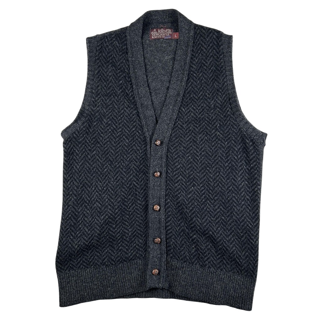 Vtg Newcastle Knits Sweater Vest Mens Large Herringbone V Neck Button Knit USA